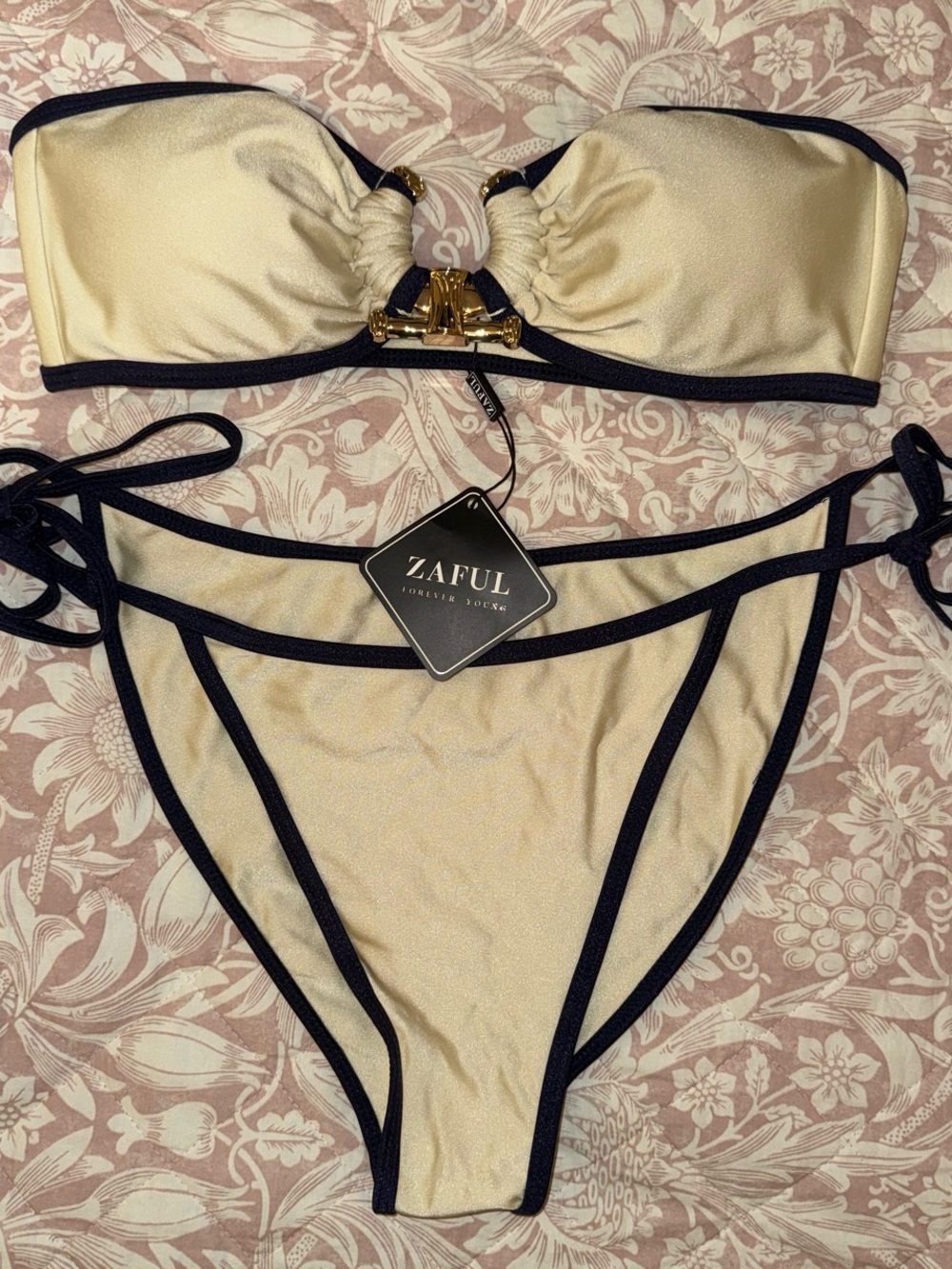 Zaful Bandeau Bikini Set – Cream & Navy | NWT